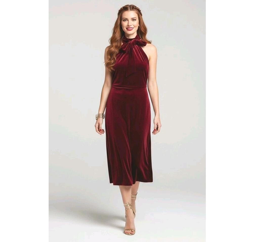 Nordstrom Maggy London Emelia Red Velvet Cocktail Midi Dress Sz 2 Halter Formal
